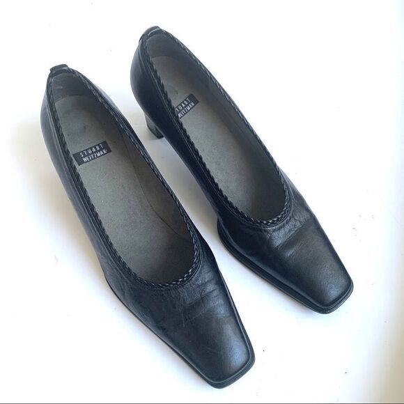 VINTAGE STUART WEITZMAN BLACK LEATHER BLOCK HEEL - Picture 2 of 8